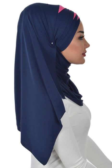 Two Colors Elegant Jersey Shawl for Women %95 Cotton Wrap Modesty Turban Cap Scarf,CPS-49 Navy Blue - Fuchsia