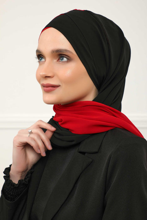 Two Colors Instant Shawl Scarf Chiffon Turban Head Wrap for Women,CPS-84 Black - Red