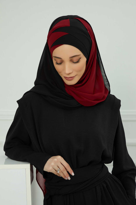 Two Colors Instant Shawl Scarf Chiffon Turban Head Wrap for Women,CPS-84 Black - Maroon