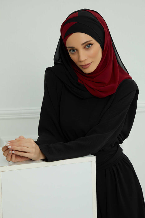 Two Colors Instant Shawl Scarf Chiffon Turban Head Wrap for Women,CPS-84 Black - Maroon