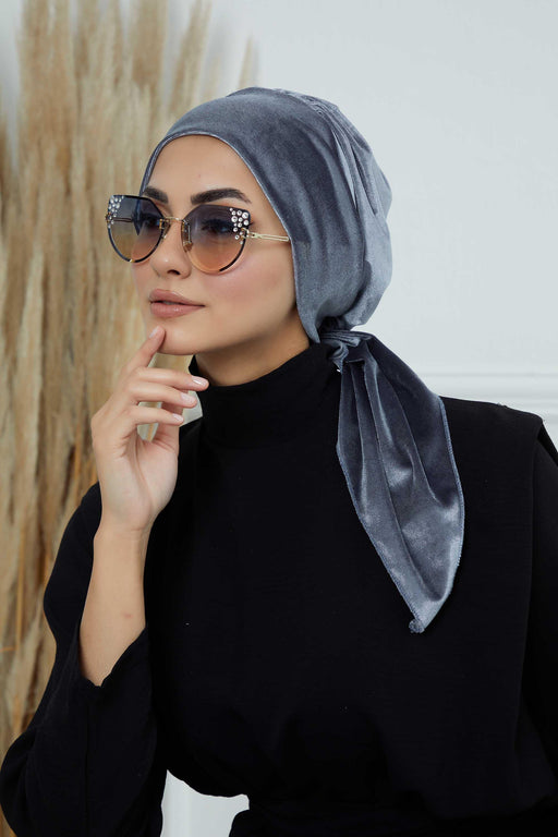 Velvet Easy Wrap Instant Turban for Women, Pre-Tied Turban with Long Tail at the Back Side, Super Soft High Quality Chemo Headwear,B-49K Grey