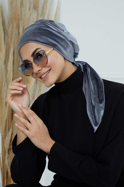 Velvet Easy Wrap Instant Turban for Women, Pre-Tied Turban with Long Tail at the Back Side, Super Soft High Quality Chemo Headwear,B-49K Grey