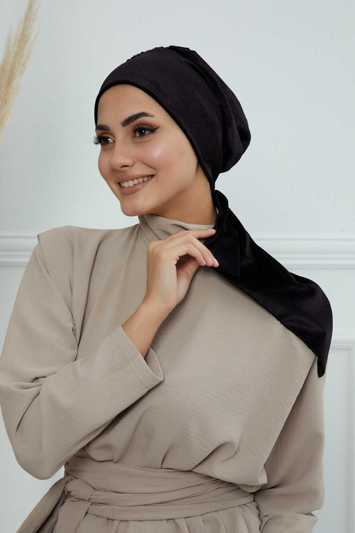 Velvet Easy Wrap Instant Turban for Women, Pre-Tied Turban with Long Tail at the Back Side, Super Soft High Quality Chemo Headwear,B-49K Black