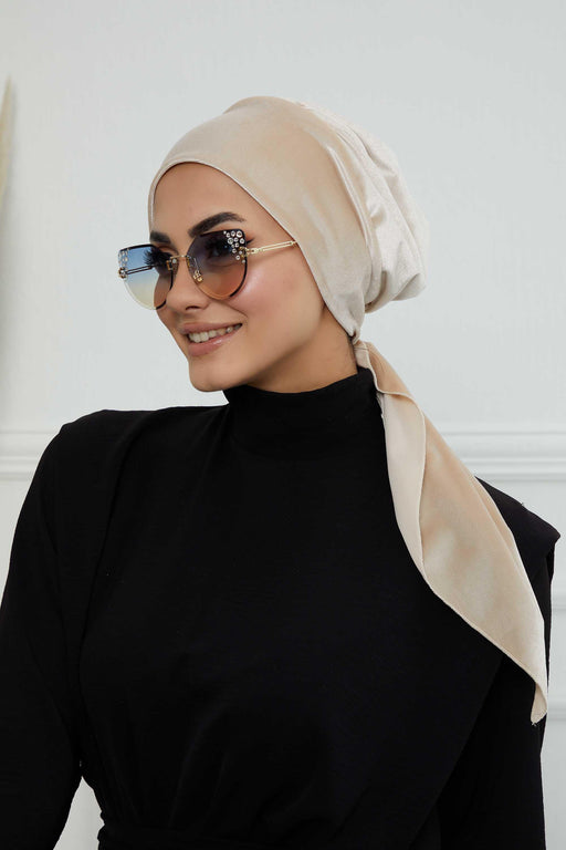 Velvet Easy Wrap Instant Turban for Women, Pre-Tied Turban with Long Tail at the Back Side, Super Soft High Quality Chemo Headwear,B-49K Beige