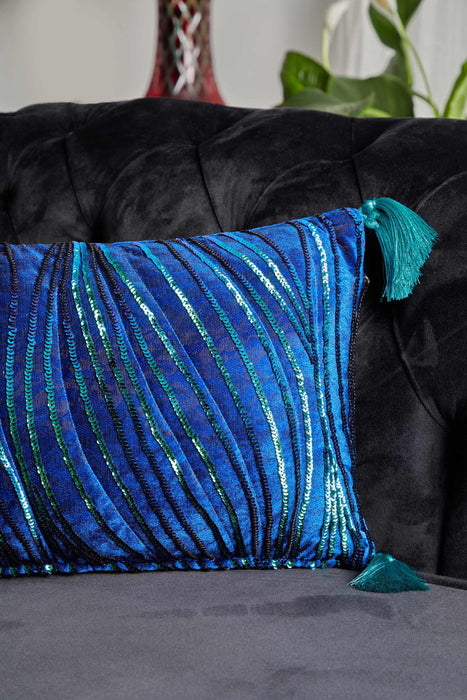 Velvet Throw Pillow Cover with Sequins and Tassels, 20x12 Inches Nicely Designed Decorative Pillow Cover for Couch and Sofa,K-331 Sax Blue