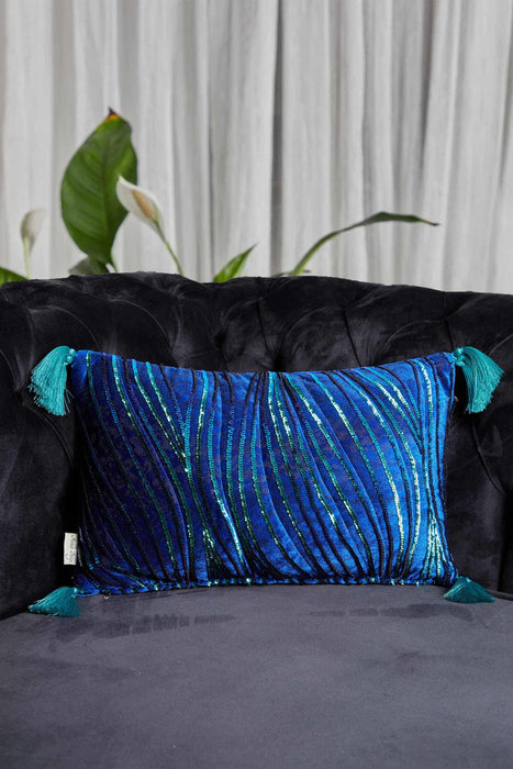 Velvet Throw Pillow Cover with Sequins and Tassels, 20x12 Inches Nicely Designed Decorative Pillow Cover for Couch and Sofa,K-331 Sax Blue