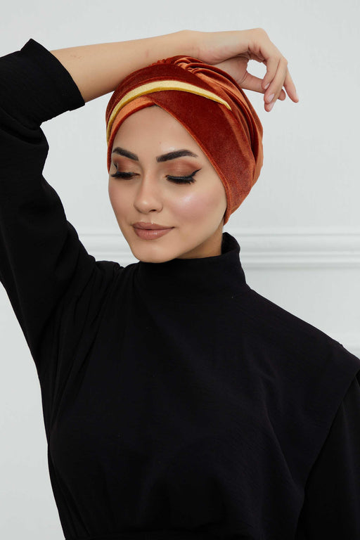 Velvet Two Colors Instant Turban Hijab for Women, Super Soft and Stylish Head Cover, Easy to Wear Velvet Chemo Headwear for Women,B-23K Tile Red-Mustard