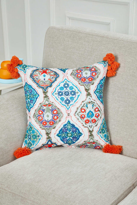 Vibrant Geometric Medallion Pillow Cover with Orange Tassels, Artistic Boho Cushion Case for Trendy Homes, 18x18 Printed Pillow Cover,K-367 Suzani Pattern 16