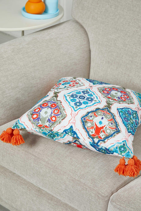 Vibrant Geometric Medallion Pillow Cover with Orange Tassels, Artistic Boho Cushion Case for Trendy Homes, 18x18 Printed Pillow Cover,K-367 Suzani Pattern 16