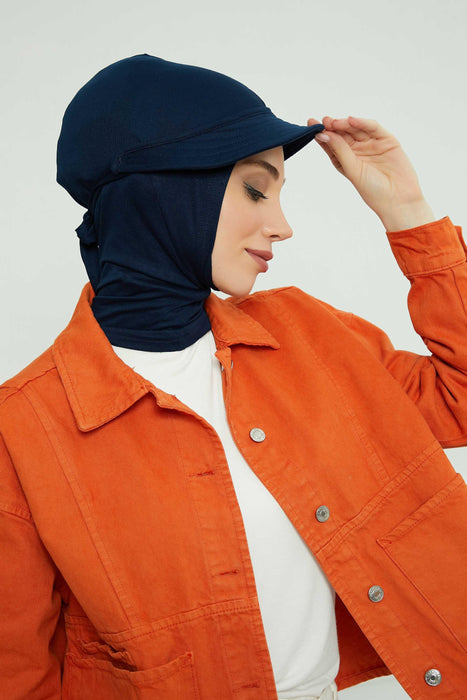 Visored Ninja Bonnet Cap for Women, Elegant Looking Visor Cap for Women, Lightweight Plain Cotton Turban with Inner Ninja Bonnet Cap,B-75 Navy Blue