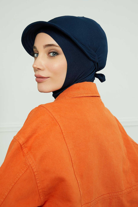 Visored Ninja Bonnet Cap for Women, Elegant Looking Visor Cap for Women, Lightweight Plain Cotton Turban with Inner Ninja Bonnet Cap,B-75 Navy Blue