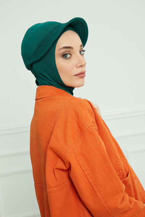 Visored Ninja Bonnet Cap for Women, Elegant Looking Visor Cap for Women, Lightweight Plain Cotton Turban with Inner Ninja Bonnet Cap,B-75 Green