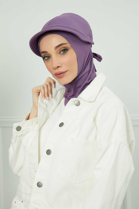 Visored Ninja Bonnet Cap for Women, Elegant Looking Visor Cap for Women, Lightweight Plain Cotton Turban with Inner Ninja Bonnet Cap,B-75 Purple 2