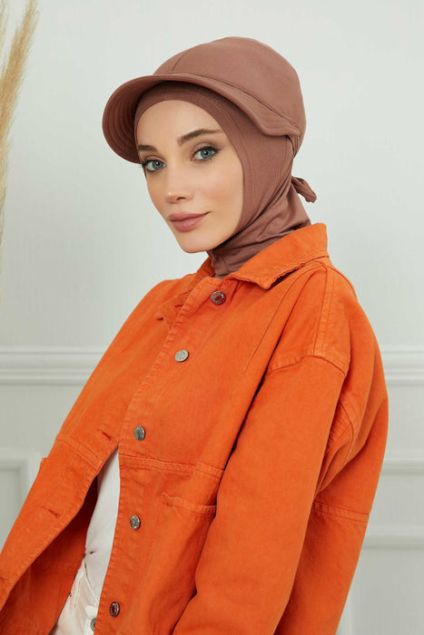 Visored Ninja Bonnet Cap for Women, Elegant Looking Visor Cap for Women, Lightweight Plain Cotton Turban with Inner Ninja Bonnet Cap,B-75 Caramel Brown