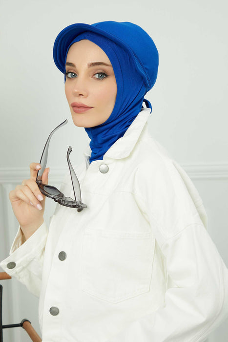 Visored Ninja Bonnet Cap for Women, Elegant Looking Visor Cap for Women, Lightweight Plain Cotton Turban with Inner Ninja Bonnet Cap,B-75 Sax Blue