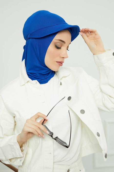 Visored Ninja Bonnet Cap for Women, Elegant Looking Visor Cap for Women, Lightweight Plain Cotton Turban with Inner Ninja Bonnet Cap,B-75 Sax Blue
