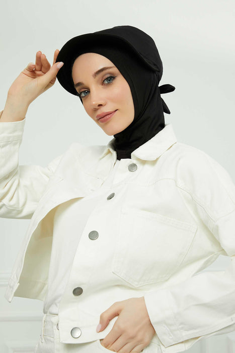 Visored Ninja Bonnet Cap for Women, Elegant Looking Visor Cap for Women, Lightweight Plain Cotton Turban with Inner Ninja Bonnet Cap,B-75 Black