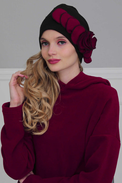 Soft Fleece Instant Turban with a Beautiful Side Decoration, Windproof Fleece Turban for Women, Winter Fashion Pre-tied Turban Hijab,B-60 Black