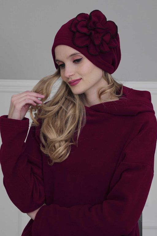 Elegant Rose Embellished Instant Turban for Women, Floral Soft Instant Turban with a Huge Handmade Rose Figure, Winter Instant Turban,B-61 Maroon