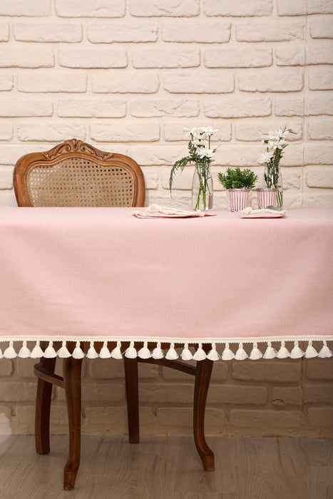 Boho Style Tassel Tablecloth, 59x79 Inches Tasseled Cotton Kitchen Tablecloth adorned with Tassels, Modern Kitchen Table Decoration,M-1K Powder