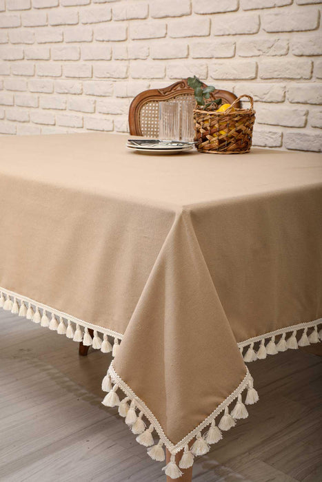 Boho Style Tassel Tablecloth, 59x79 Inches Tasseled Cotton Kitchen Tablecloth adorned with Tassels, Modern Kitchen Table Decoration,M-1K Beige
