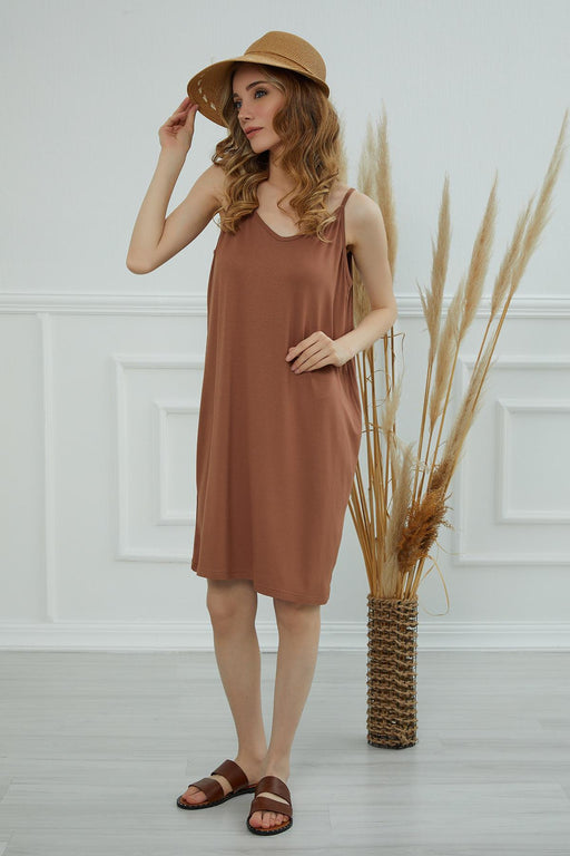 Women Casual Pullover Cotton Women Summer Strappy Dress Casual Short Plain Dress for Women with Shoulder Straps Fashion Cloth,ELB-5 Caramel Brown