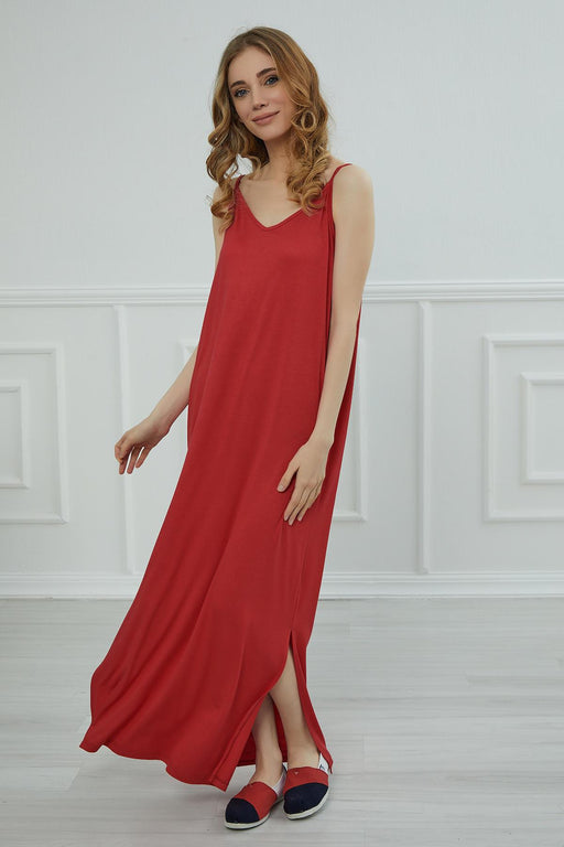 Women Side Split Casual Pullover Cotton Women Summer Strappy Maxi Dress Casual Loose Long Dress with Shoulder Straps for Women,ELB-6 Red